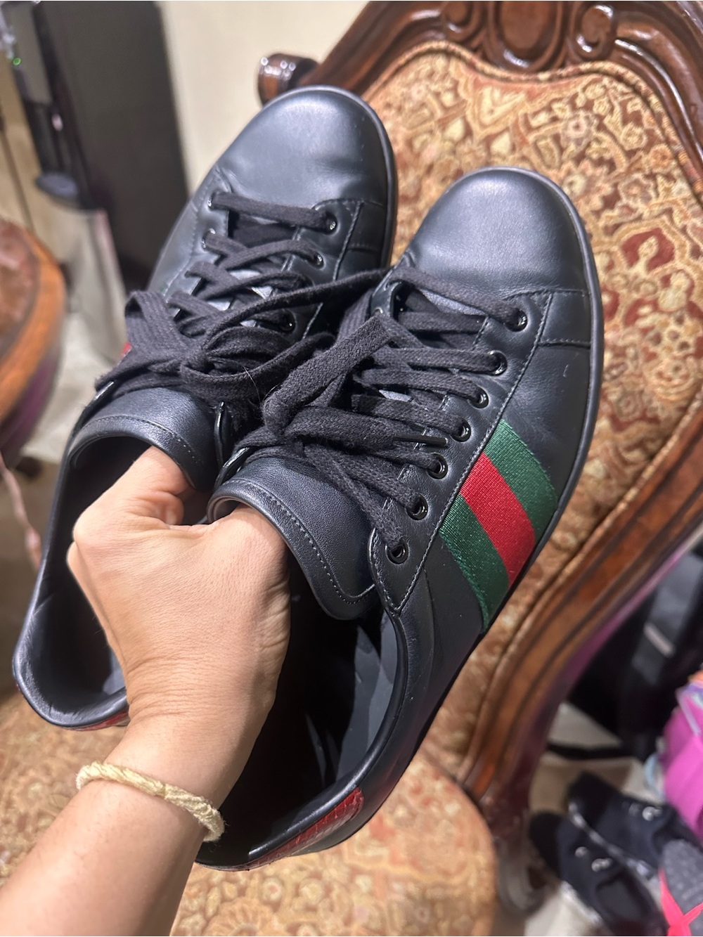 Gucci Black Leather Sneakers with Green & Red Stripe